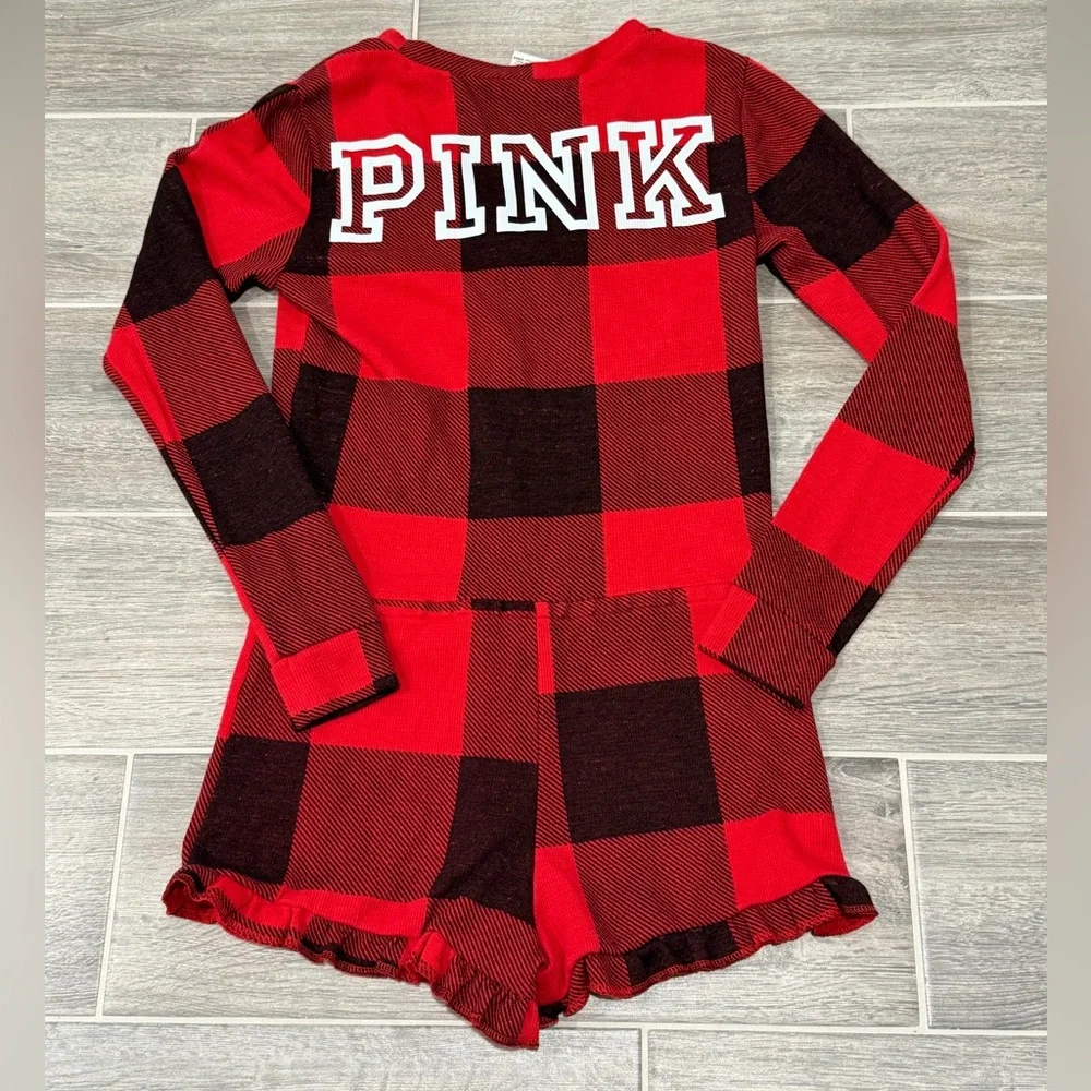 Victoria’s Secret PINK Buffalo Plaid Thermal Sleepwear Romper. Size Medium. - Picture 5 of 11
